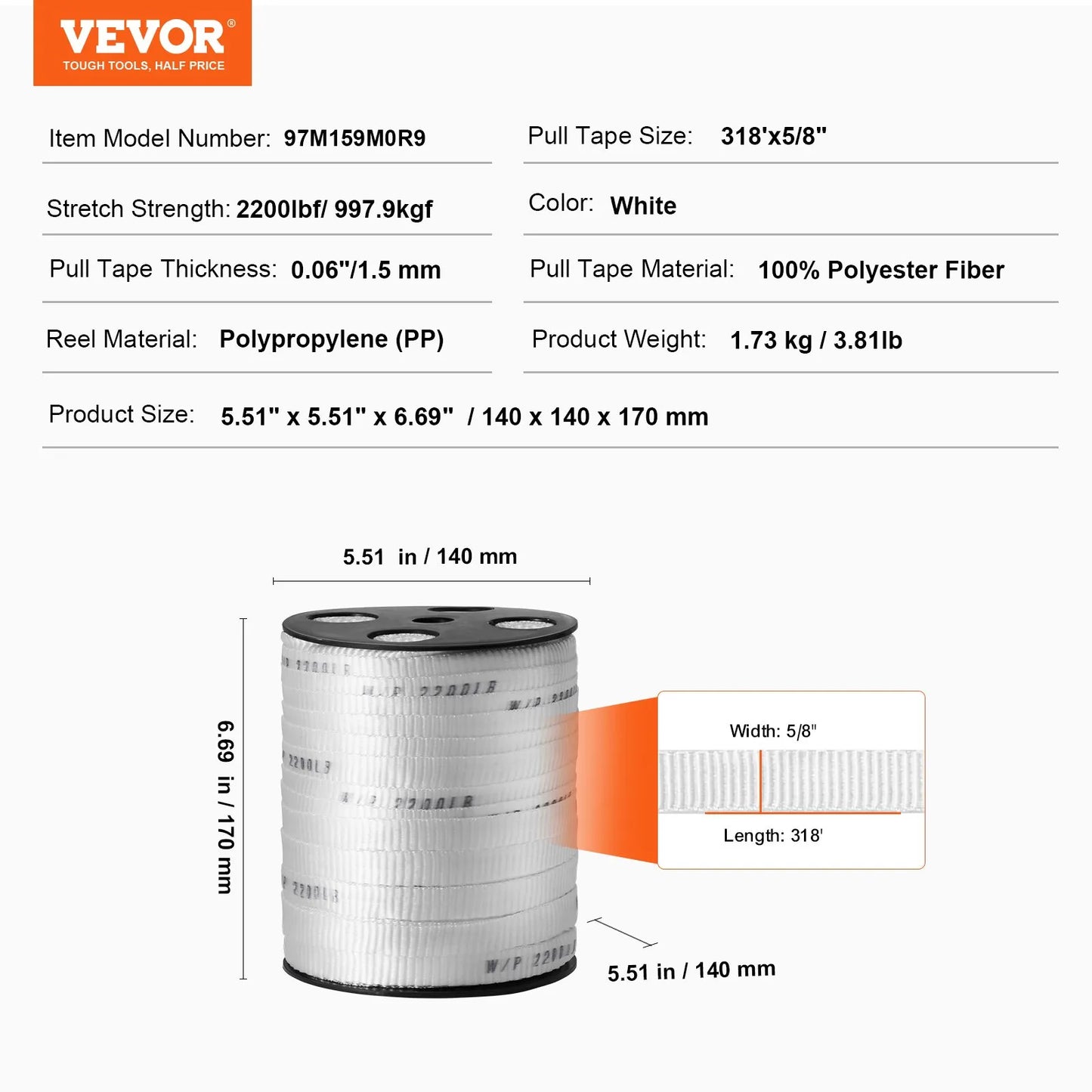 VEVOR Polyester Pull Tape, 58 x 318' Mule Tape Flat Rope, 2200 lbf Tensile Capacity, Printed Webbing Cable Pulling Tape for Packaging, Gardening, Commercial Electrical, Conduit Work, White