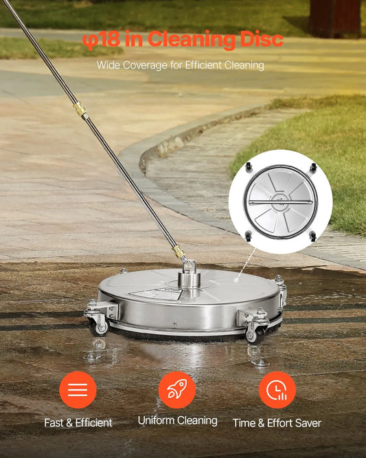 VEVOR 18 Pressure Washer Surface Cleaner, Stainless Steel Pressure Washer Attachments with 4 Wheels, 4000 Max PSI, 14 Quick Connector, 2 Spray Nozzles, 2 Extended Wands for Concrete, Patio, Deck