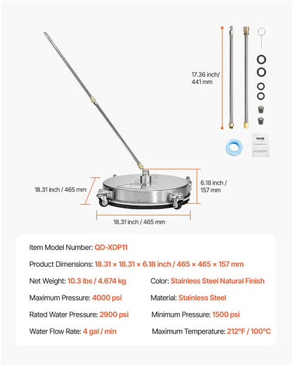 VEVOR 18 Pressure Washer Surface Cleaner, Stainless Steel Pressure Washer Attachments with 4 Wheels, 4000 Max PSI, 14 Quick Connector, 2 Spray Nozzles, 2 Extended Wands for Concrete, Patio, Deck