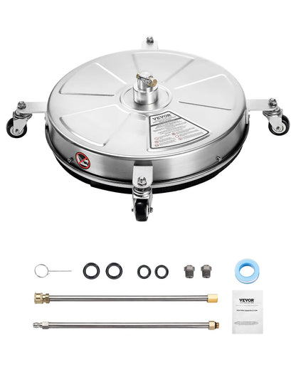 VEVOR 18 Pressure Washer Surface Cleaner, Stainless Steel Pressure Washer Attachments with 4 Wheels, 4000 Max PSI, 14 Quick Connector, 2 Spray Nozzles, 2 Extended Wands for Concrete, Patio, Deck
