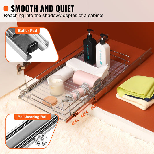 VEVOR 12.5Wx21Dx3.5H Pull Out Cabinet Organizer, Heavy Duty Slide Out Pantry Shelves, Steel Roll Out Drawers, Sliding Drawer Storage for Home Under Sink, 14Wx22Dx7H Install Size for Cabinet