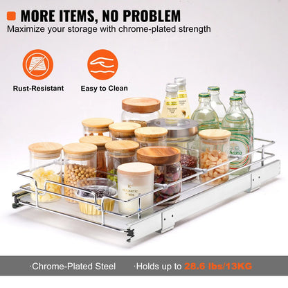 VEVOR 12.5Wx21Dx3.5H Pull Out Cabinet Organizer, Heavy Duty Slide Out Pantry Shelves, Steel Roll Out Drawers, Sliding Drawer Storage for Home Under Sink, 14Wx22Dx7H Install Size for Cabinet