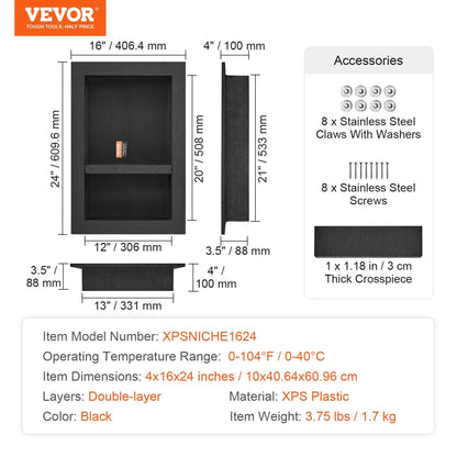 VEVOR Shower Niche Ready for Tile 16 x 24, Double Shelf Organizer, Square Corners Wall-inserted Niche Recessed, Sealed Protection Modern Soap Storage Niche for Shower Bathroom, Black