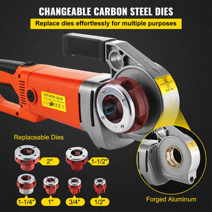 VEVOR Electric Pipe Threader, 2300W Pipe Threading Machine with 6 Dies 1/2"-2", 110V Hand-held Pipe Threader Machine with Copper Motor, Portable Electric Pipe Threading Kit with Carrying Case