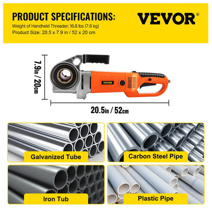 VEVOR Electric Pipe Threader, 2300W Pipe Threading Machine with 6 Dies 1/2"-2", 110V Hand-held Pipe Threader Machine with Copper Motor, Portable Electric Pipe Threading Kit with Carrying Case