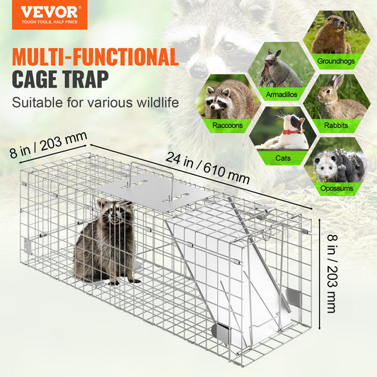 VEVOR Live Animal Cage Trap, 24 x 8 x 8 Humane Cat Trap Galvanized Iron, Folding Animal Trap with Handle for Rabbits, Stray Cats, Squirrels, Raccoons, Groundhogs and Opossums