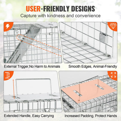 VEVOR Live Animal Cage Trap, 24 x 8 x 8 Humane Cat Trap Galvanized Iron, Folding Animal Trap with Handle for Rabbits, Stray Cats, Squirrels, Raccoons, Groundhogs and Opossums