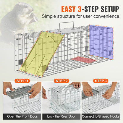 VEVOR Live Animal Cage Trap, 24 x 8 x 8 Humane Cat Trap Galvanized Iron, Folding Animal Trap with Handle for Rabbits, Stray Cats, Squirrels, Raccoons, Groundhogs and Opossums