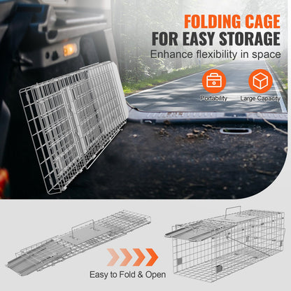 VEVOR Live Animal Cage Trap, 24 x 8 x 8 Humane Cat Trap Galvanized Iron, Folding Animal Trap with Handle for Rabbits, Stray Cats, Squirrels, Raccoons, Groundhogs and Opossums