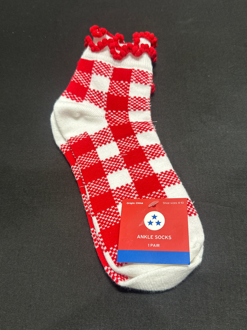 Wondershop Red Gingham Pom Trim Ankle Socks Shoe Size 4-10