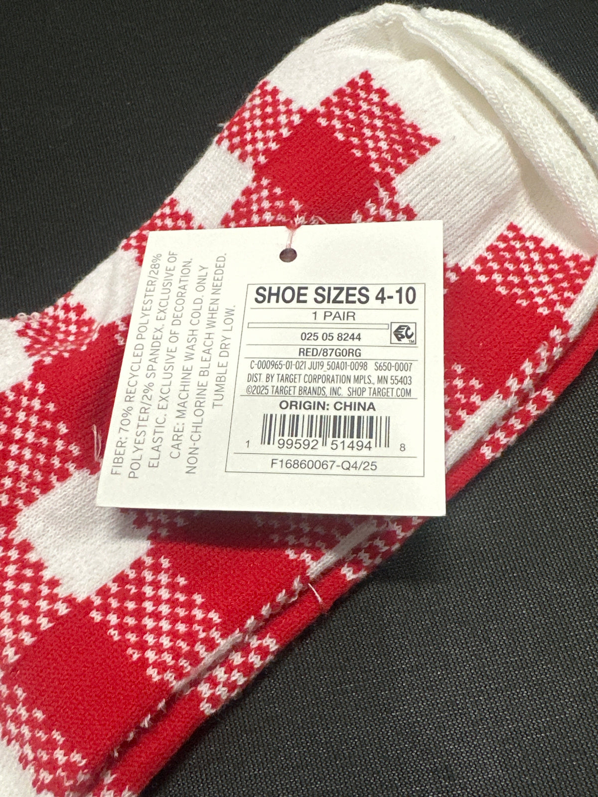 Wondershop Red Gingham Pom Trim Ankle Socks Shoe Size 4-10